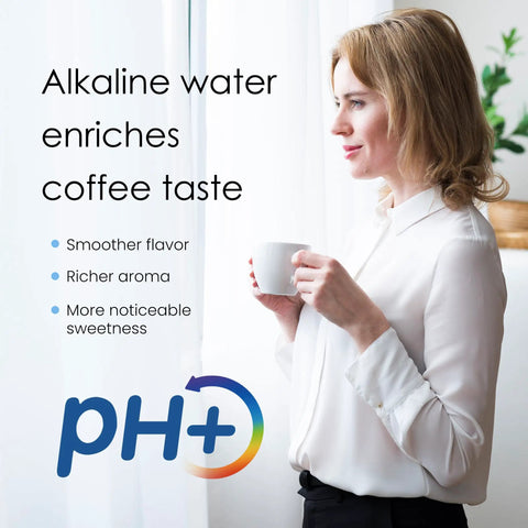 Woman enjoying coffee enriched by Alkaline Water Filter Replacement For Pitcher And Dispenser Filtration System 3 Pack