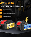 Badass Cordless Impact Wrench Cracks 1200 Nm Legit Torque 1/2 Inch Brushless Impact Gun Kit Includes Dual 4Ah Batteries left view of two large capacity 4000mAh lithium-ion batteries.