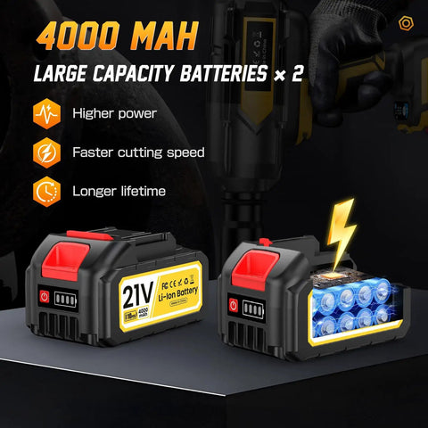 Badass Cordless Impact Wrench Cracks 1200 Nm Legit Torque 1/2 Inch Brushless Impact Gun Kit Includes Dual 4Ah Batteries left view of two large capacity 4000mAh lithium-ion batteries.