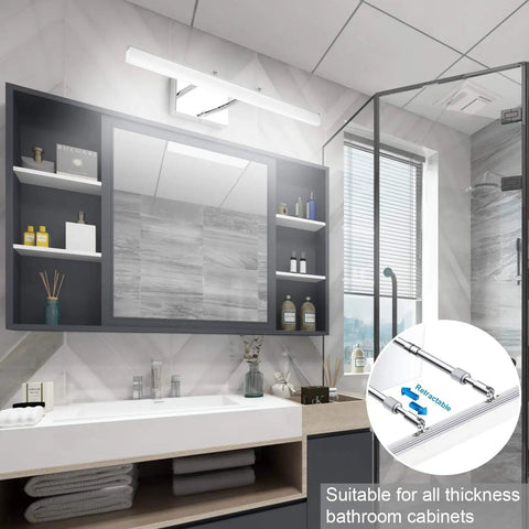 Modern bathroom with 24 Inch Modern LED Vanity Lights Adjustable Chrome Bathroom Fixture Over Mirror With 180 Degree Rotatable Joint.