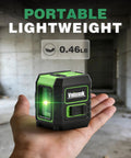 360 Self Leveling Laser Level With Green Cross Lines For Construction And Picture Hanging Vertical And Horizontal Plumb Lines Easy Setup Bright Two Line Green Laser Pro Grade Precision For Fast Accurate Leveling. handheld 0.46 lb green laser level in unfinished room