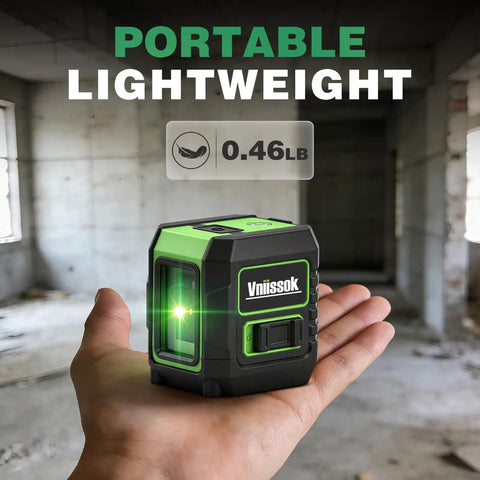 360 Self Leveling Laser Level With Green Cross Lines For Construction And Picture Hanging Vertical And Horizontal Plumb Lines Easy Setup Bright Two Line Green Laser Pro Grade Precision For Fast Accurate Leveling. handheld 0.46 lb green laser level in unfinished room