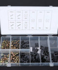 170 Piece U Clip And Screw Set For DIY Projects And Home Improvement Versatile Fasteners Kit With Durable Carbon Steel Screws Great For Repairs Cabinets Woodworking And General Hardware Needs, assorted screws and black U-clips in organizer box