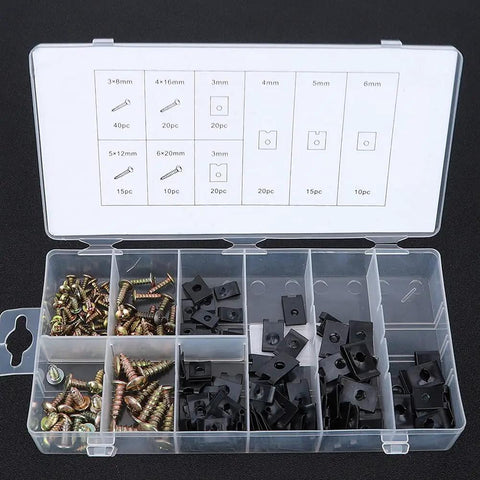170 Piece U Clip And Screw Set For DIY Projects And Home Improvement Versatile Fasteners Kit With Durable Carbon Steel Screws Great For Repairs Cabinets Woodworking And General Hardware Needs, assorted screws and black U-clips in organizer box