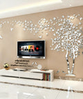 DIY 3D Tree Of Life Wall Art Decals In Silver Large Family Tree Mural for living room with TV backdrop and acrylic sticker pieces.