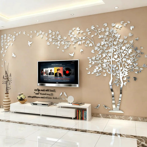 DIY 3D Tree Of Life Wall Art Decals In Silver Large Family Tree Mural for living room with TV backdrop and acrylic sticker pieces.
