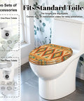 Elongated Native american indian ornament geometric ethnic Toilet Seat on standard toilet in modern bathroom setting.