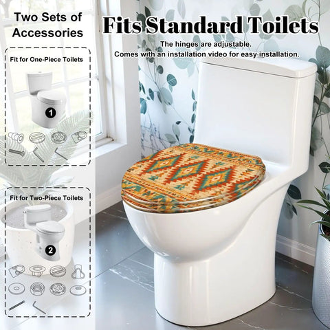 Elongated Native american indian ornament geometric ethnic Toilet Seat on standard toilet in modern bathroom setting.