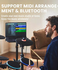 Person playing Polaris Drums Electric Drum Set With USB MIDI And Bluetooth Audio for a realistic jam in a home setting.