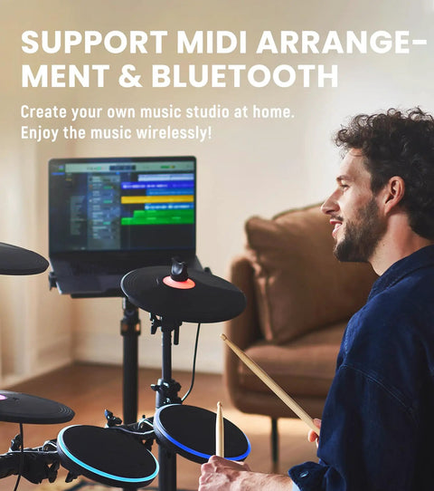 Person playing Polaris Drums Electric Drum Set With USB MIDI And Bluetooth Audio for a realistic jam in a home setting.