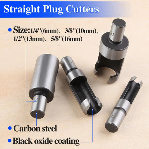 Heavy Duty Carbon Steel Wood Plug Cutter Drill Bit Set With Slick Straight And Tapered Dowel Hole Saw Blades for precise cuts
