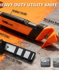 Dual Lock Safety Box Cutter With Retractable Blade, Hella Handy Package Opener For Quick Cuts, Includes Snap-Off Blades, Film Cutter And Tape Splitter For Warehouse And In-Store Cutting. Orange black utility knife with rubber handle, SK5 blade, and blade storage.