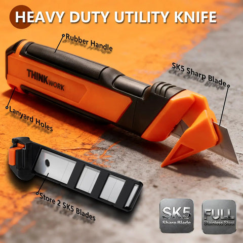 Dual Lock Safety Box Cutter With Retractable Blade, Hella Handy Package Opener For Quick Cuts, Includes Snap-Off Blades, Film Cutter And Tape Splitter For Warehouse And In-Store Cutting. Orange black utility knife with rubber handle, SK5 blade, and blade storage.