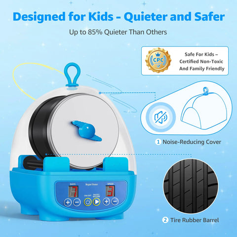 Kid Friendly Rock Tumbler Kit With Dual Noise Reduction, Timer, Three Speeds, and Memory Function showing rubber barrel and cover