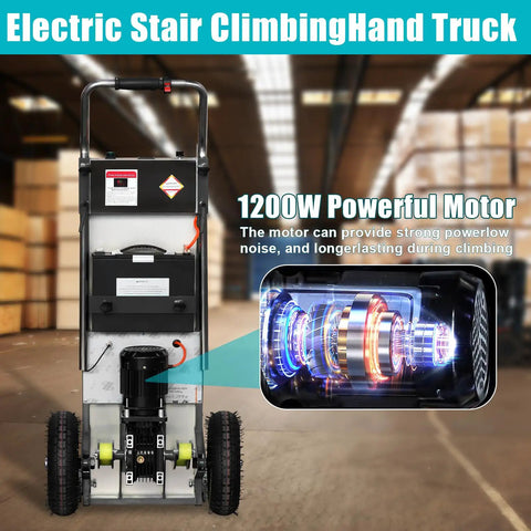 Heavy Duty Electric Stair Climber Dolly Cart with Motorized Motor, 880 Lb Capacity Folding Hand Truck side view with 1200W motor.