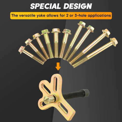 13 Piece Harmonic Balancer Steering Wheel Puller Kit's yoke and bolts shown in special design for removal applications.