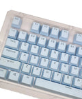 Premium PBT Keycaps With Dope Colorway And Ergonomic Arc Fit Smooth Typing Feel Hella Durable Oil Resistant Texture Perfect 108 Keys Layout For Gaming Rigs And Productivity Workstations In Light Blue Finish showing keys layout from an angle.
