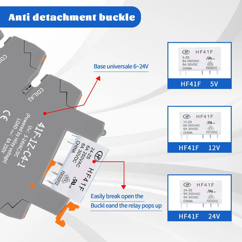 Industrial Grade 24V Relays For DIN Rail Mount, 5 Pin 1NO 1NC 6A Coil 24VDC 24VAC with anti detachment buckle
