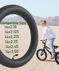 Two Pack 14x2.50 Inner Tubes For 14 Inch Bikes With Bent Valve Stem Heavy Duty Reinforced, shown with bike and boy riding