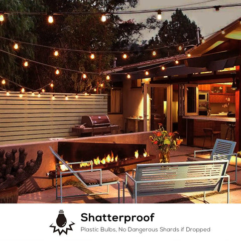 102Ft Outdoor String Lights 18 Dimmable LED Bulbs illuminating a cozy patio with shatterproof bulbs, ideal for backyard porch garden.