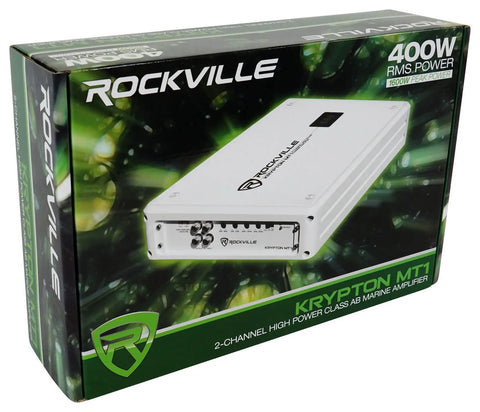 Krypton MT1 2 Channel Marine Amplifier With Volt Meter For Boats, 1600W Peak And 400W RMS, boxed white marine amp