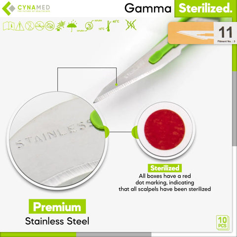 Disposable Scalpel Blades Pack Of 10 Sharp Tempered Stainless Steel With Plastic Handle Individually Wrapped Sterile No 11 shown on package
