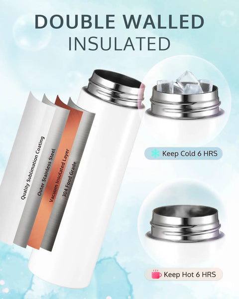16oz Kid Sublimation Tumbler Set With Straws, 6 Pack, Stainless Steel, Double Walled showing insulation layers and ice cubes
