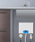 Heavy Duty Top Tier Instant Tankless Water Heater With Quick Draw Heating Matrix And Smart Temp Slide Bar Control Panel mounted under sink.