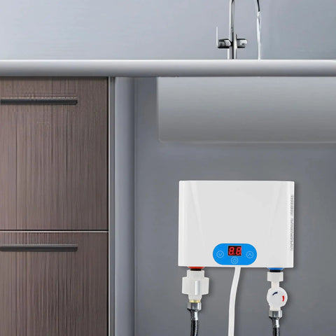 Heavy Duty Top Tier Instant Tankless Water Heater With Quick Draw Heating Matrix And Smart Temp Slide Bar Control Panel mounted under sink.