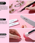 All-In-One Nail Art Kit With 15 Brushes, 5 Dotting Tools, Magnetic Nail Stands, Nail Holder And Palette Essential Nail Design Tools showing tweezers, nail files, and acrylic brush.