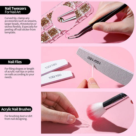 All-In-One Nail Art Kit With 15 Brushes, 5 Dotting Tools, Magnetic Nail Stands, Nail Holder And Palette Essential Nail Design Tools showing tweezers, nail files, and acrylic brush.