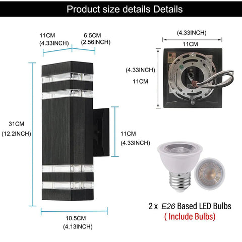 Dimensions and parts of 4 Pack 12 Inch LED Up And Down Wall Lights 14W 4000K Day White Outdoor Aluminum Waterproof IP65 shown