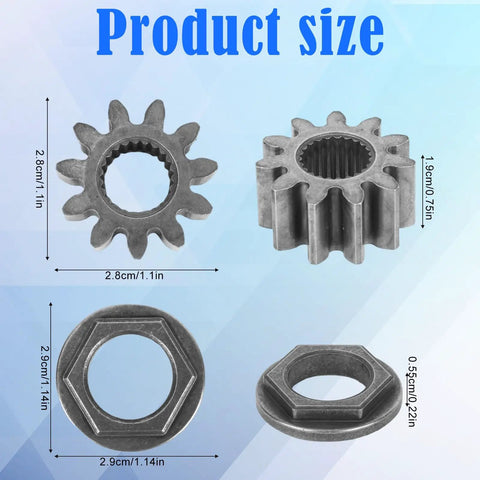 Heavy Duty Steering Pinion Gear And Bushing Kit Plug And Play Shaft Replacement Assembly For Riding Lawn Mowers Zero Hassle Steering Fix Fits Cub Cadet Toro And Mtd Tractors 7171554 1120863 product size image showing gears and busing dimensions.