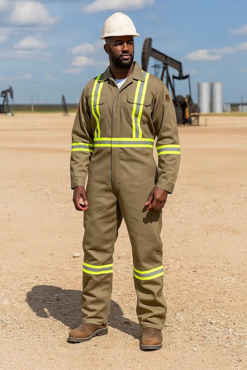 Workhorse Flame Resistant Coveralls Featuring Bold High Visibility Striping And Soft Cotton Nylon Blend For Straight Up Comfortable Daily Hazardous Environment Safety Wear worn by man outdoors.