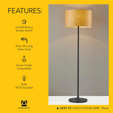 Scratch Resistant Matte Black Floor Lamp with Tulip Base and Striped Shade, Scandinavian Inspired Minimalist Design for Bedroom