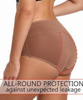 Game Changing Leakproof Incontinence Underwear Featuring Washable Cotton Briefs With Heavy Duty Absorbent Core And Waterproof Backing For Solid Bladder Protection Hella Comfy And Completely Reusable Everyday Wear, close-up view of brown cotton briefs demonstrating all-round protection.