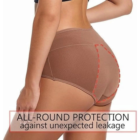 Game Changing Leakproof Incontinence Underwear Featuring Washable Cotton Briefs With Heavy Duty Absorbent Core And Waterproof Backing For Solid Bladder Protection Hella Comfy And Completely Reusable Everyday Wear, close-up view of brown cotton briefs demonstrating all-round protection.
