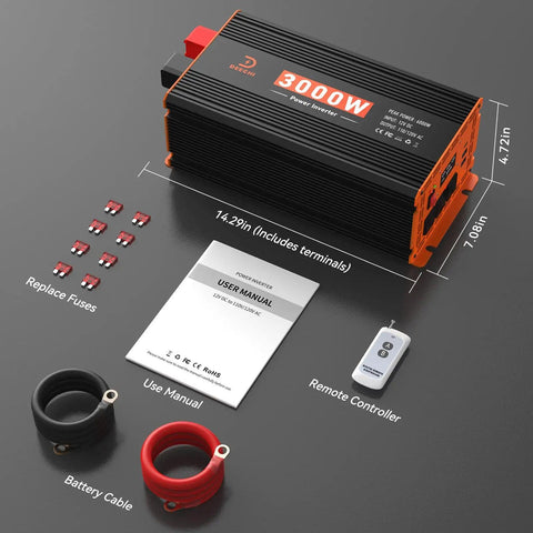Beast 3000W Power Inverter 12V DC to 110V AC with remote, fuses, and cables for RV, boat, camping, solar setups, and off-grid use