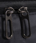 Close-up of heavy duty EV charger tote bag zipper pulls and ripstop construction details. Heavy Duty EV Charger Tote Bag Made Tough With Ripstop Oxford Fabric Car Organizer Cord Hose Storage Cube Trunk Gear Caddy Waterproof Base Non Slip Bottom Keep Your Rig Tight And Ready To Roll.