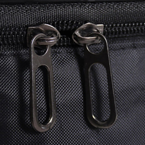 Close-up of heavy duty EV charger tote bag zipper pulls and ripstop construction details. Heavy Duty EV Charger Tote Bag Made Tough With Ripstop Oxford Fabric Car Organizer Cord Hose Storage Cube Trunk Gear Caddy Waterproof Base Non Slip Bottom Keep Your Rig Tight And Ready To Roll.