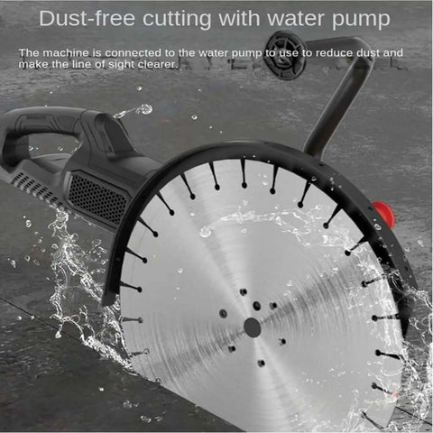 Close-up of Heavy Duty Electric Concrete Cutter Saw With 8900W Motor dual blades, integrating water pump for dust-free cutting.