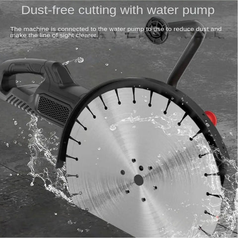 Professional Grade Heavy Hitter Electric Concrete Cutter Saw Featuring Dual High Impact Blades And Integrated Water Pump with water spray.