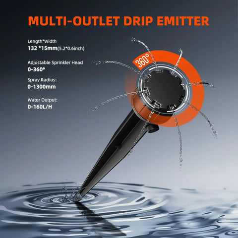 Multi-outlet drip emitter from Auto Drip Irrigation System Kit with 13 Gallon Bucket, 25W Water Pump, Low Water Level Sensor.