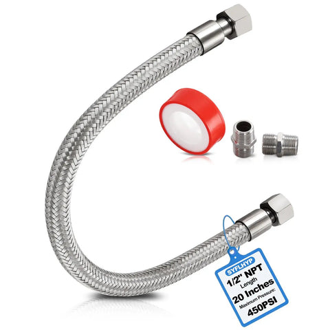 Heavy Duty Industrial Air Compressor Jumper Hose One Half Inch NPT Male, Twenty Inch Length, 450 PSI, 750 Fahrenheit Max, Stainless Steel Braided