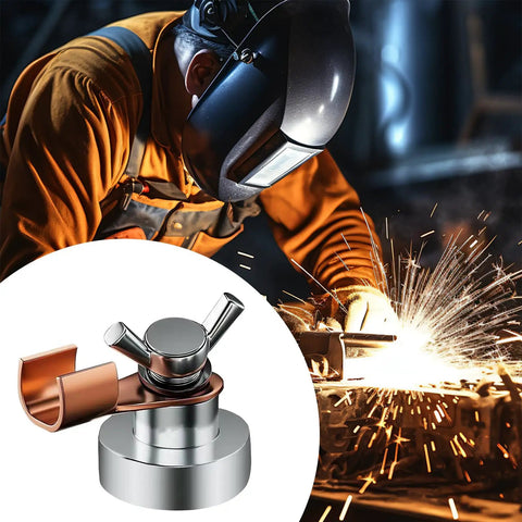 Top Tier Magnetic Welding Ground Clamp With Super Strong Suction Base For Fast On Site Shop Work, No Tools Needed, Fits Any Clean Metal Surface Perfectly in use, copper plates visible.