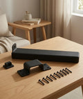 Heavy Duty Sliding Bar Gate Latch With Padlock Hole In Matte Black Metal For Outdoor Garden Sheds And Fences Built Tough With Straight Up Secure Locking Action That Is The Real Deal on a wooden table with screws and hardware components.