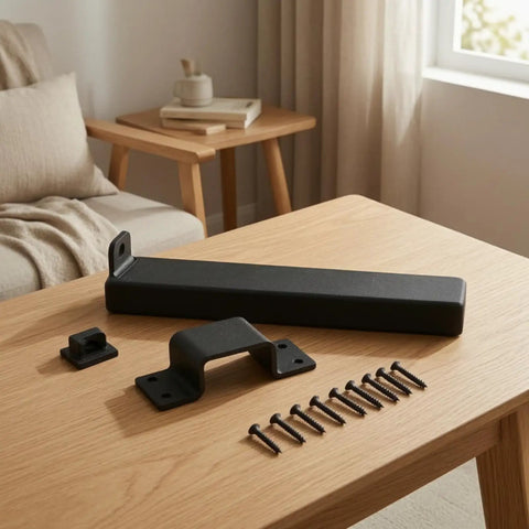 Heavy Duty Sliding Bar Gate Latch With Padlock Hole In Matte Black Metal For Outdoor Garden Sheds And Fences Built Tough With Straight Up Secure Locking Action That Is The Real Deal on a wooden table with screws and hardware components.