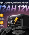 12V 12Ah LiFePO4 Battery With Built In BMS IP67 Waterproof And Over 5000 Deep Cycles Power Wheels Ready For Solar Marine Fish Finders Ride On Toys And Camping Gear High Energy Density Safe Lightweight displayed against a rocky background