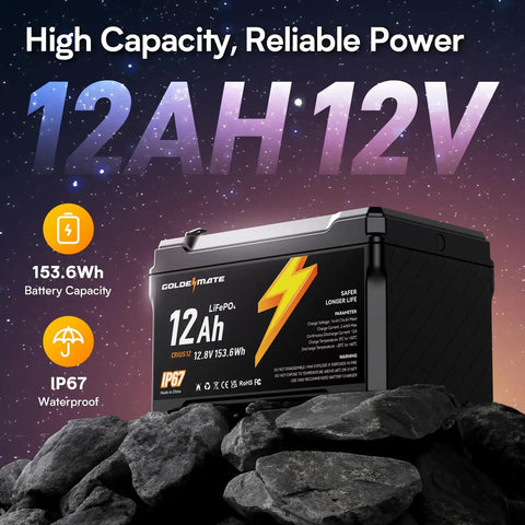 12V 12Ah LiFePO4 Battery With Built In BMS IP67 Waterproof And Over 5000 Deep Cycles Power Wheels Ready For Solar Marine Fish Finders Ride On Toys And Camping Gear High Energy Density Safe Lightweight displayed against a rocky background