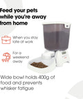 Automatic Pet Feeder With Programmable Digital Timer And Spacious Dry Food Dispenser For Cats And Dogs Schedule Three Hassle Free Portions Daily, showing feeder with wide bowl, holds 400g of kibble.